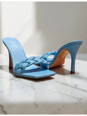 Braided Blue Mule Heels With Square Toe & Stiletto Design - Womens Size